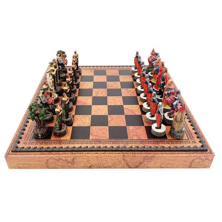 Set joc de sah, Italfama, model Robin Hood, rasina/piele ecologica, multicolor, 35x35x4cm