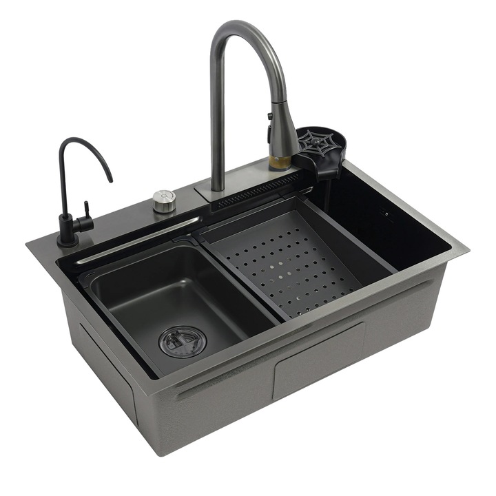 Chiuveta de bucatarie, inox, cuva dubla, gri inchis