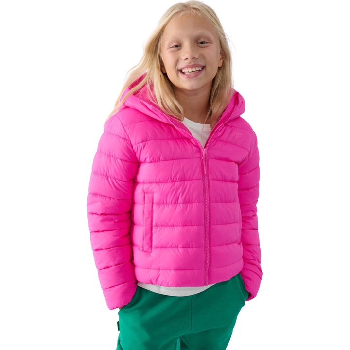 Jacheta din puf sintetic 4F pentru fete, roz, cu gluga, umplutura reciclata, strat hidrofob