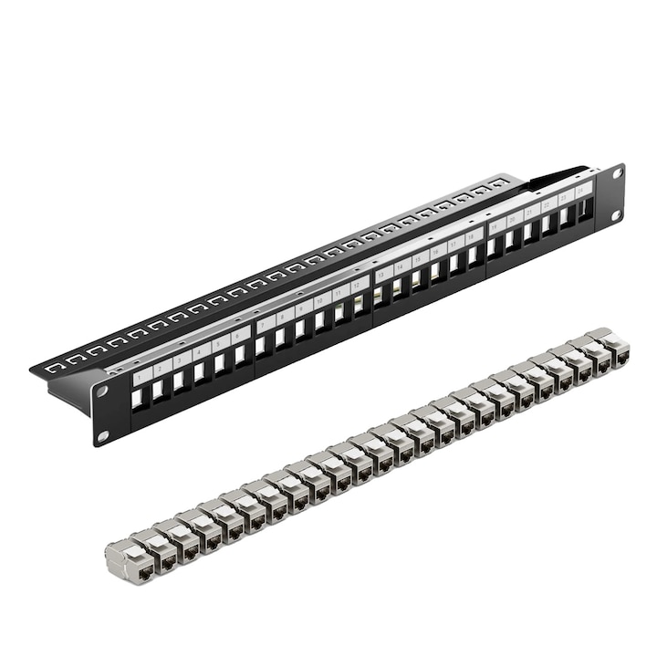 Panou de patch, 24 porturi, design fara unelte, compatibilitate CAT7, set