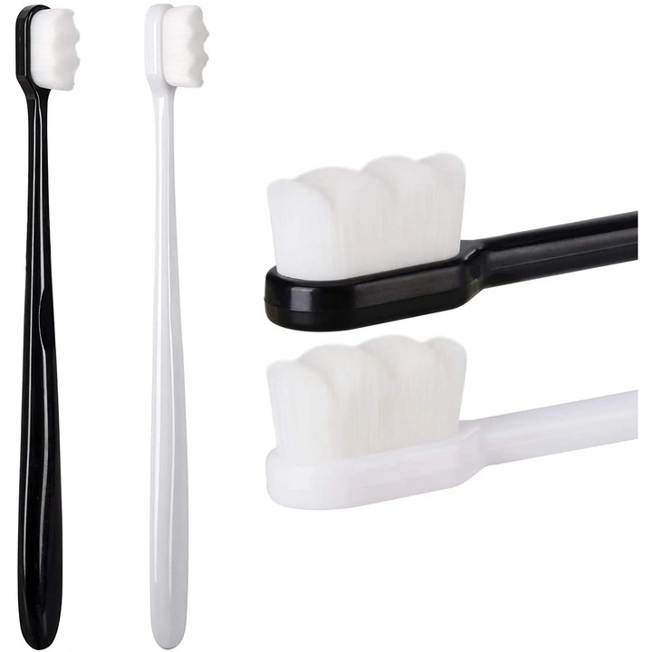 Periuta de dinti manuala YANYXR BCS3194631, peri microfini extra moi 70 µm, densitate 15.000 peri, negru/alb, set 2 buc