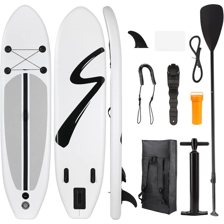 Placa SUP gonflabila, Stand Up Paddle Board 305/335 cm, punte antiderapanta, 15 cm grosime, set complet, strat unic, alb