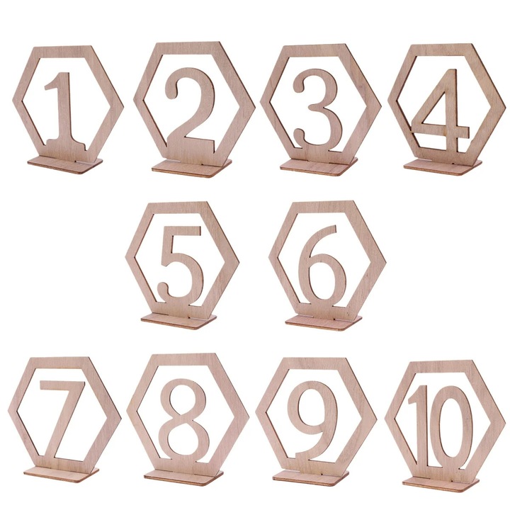 Set 10 numere masa YANYXR lemn hexagon 11x9.7x0.3cm