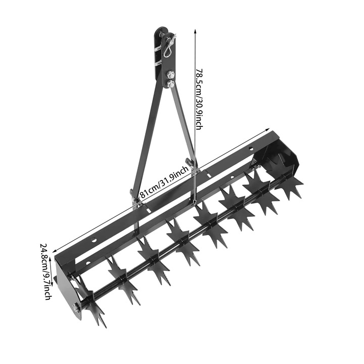 Скарификатор за тревни площи, 8 шипа, издръжлива конструкция, черен, 78.5 см