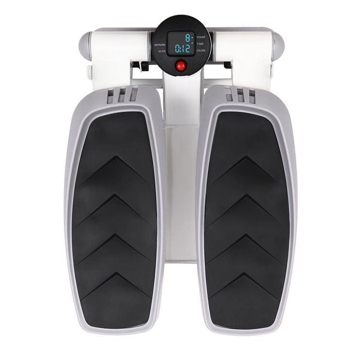 Stepper pentru acasa si birou, Mini stepper multifunctional, Cu benzi de rezistenta, Sarcina max 150 kg, Inclinare pedale 38°, Afisaj calorii LCD, Gri