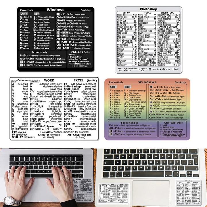 Stickere comenzi rapide, prescurtari, operatiuni pentru sistem operare Windows, Photostop si Excel si Word, pentru laptop, 4 bucati