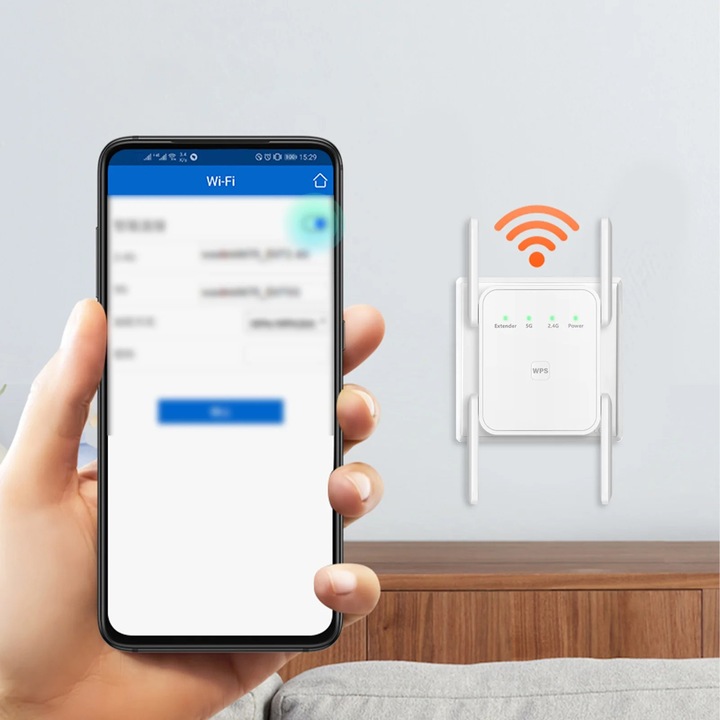 YANYXR WiFi jelerősítő 1200Mbps kétsávos, 4 antenna, Ethernet port, 8x7.7x5.2cm