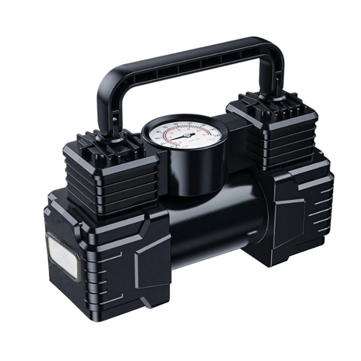 Pompa auto portabila dublu cilindru, 12V, negru, 20x14x5.5cm