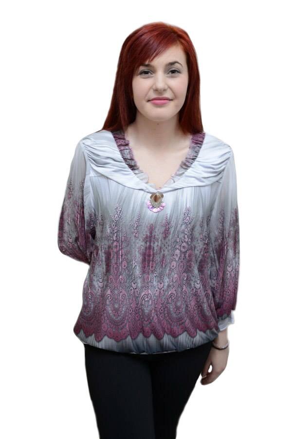 Bluza eleganta cu maneca trei-sferturi si decolteu mic,D&J Exclusive, Roz/Gri