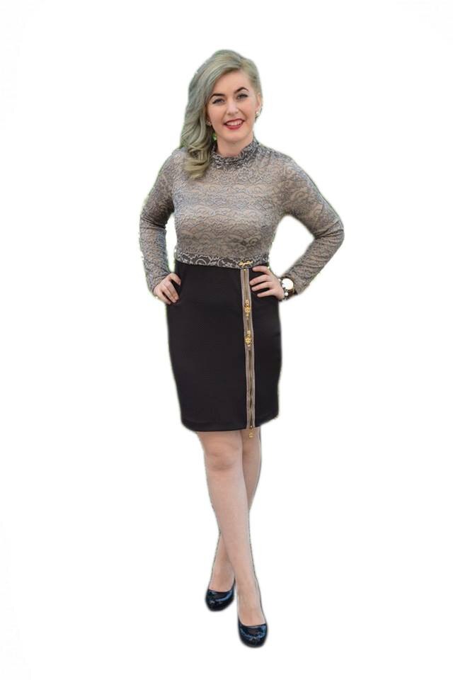 Rochie eleganta cu maneca lunga din dantela,D&J Exclusive, Negru/Bej