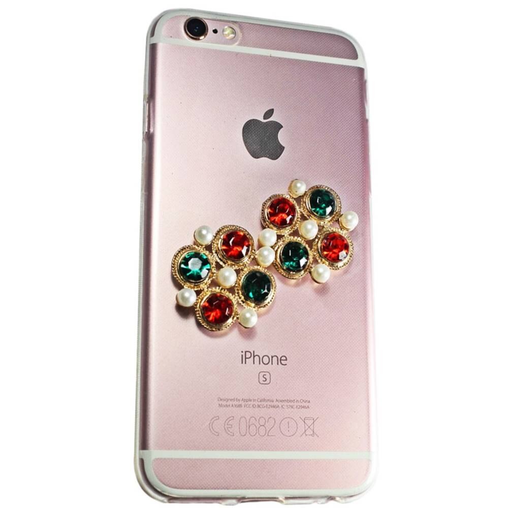 Husa silicon slim subtire transparent iPhone 6 (4.7 inch) detaliu metalic auriu cristale si perle 3D