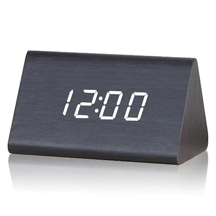 Декоративен дървен триъгълен електронен часовник, гласово управление, черен, 120x80x70мм