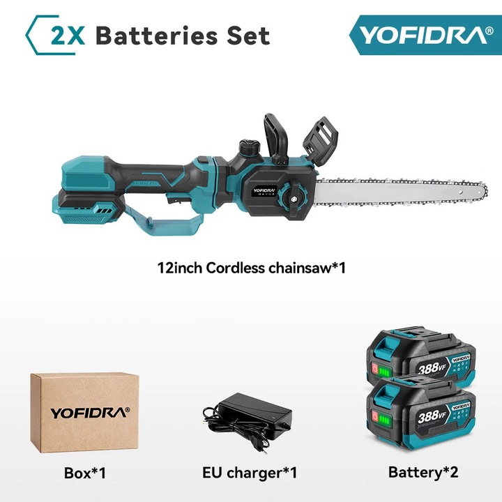 Fierastrau cu lant Yofidra, 12 inch, motor fara perii, design telescopic, cu 2 baterii, albastru/negru
