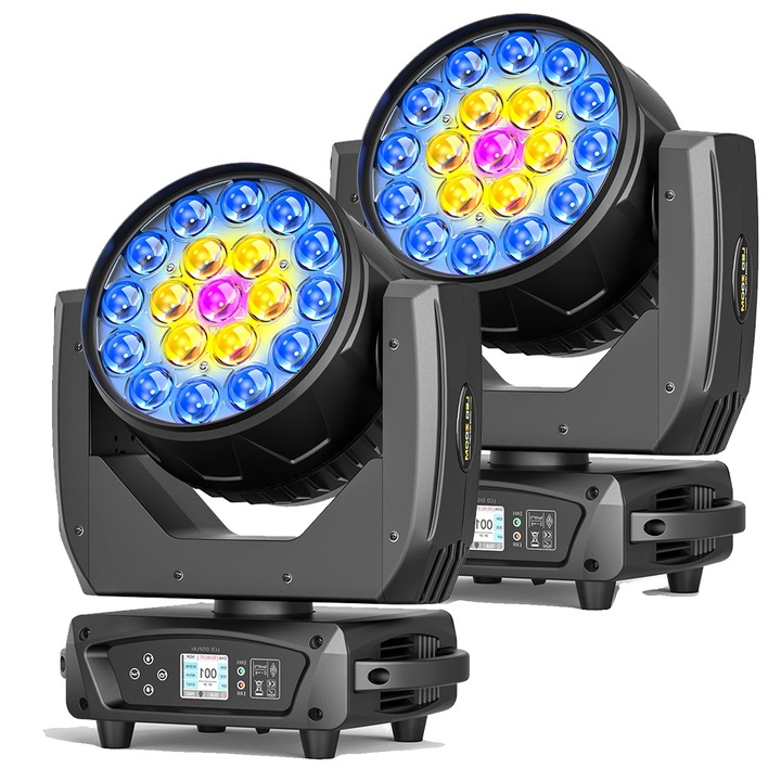 Set 2 lumini Moving Head, 19 LED RGBW, 285W, 110-240V, negru