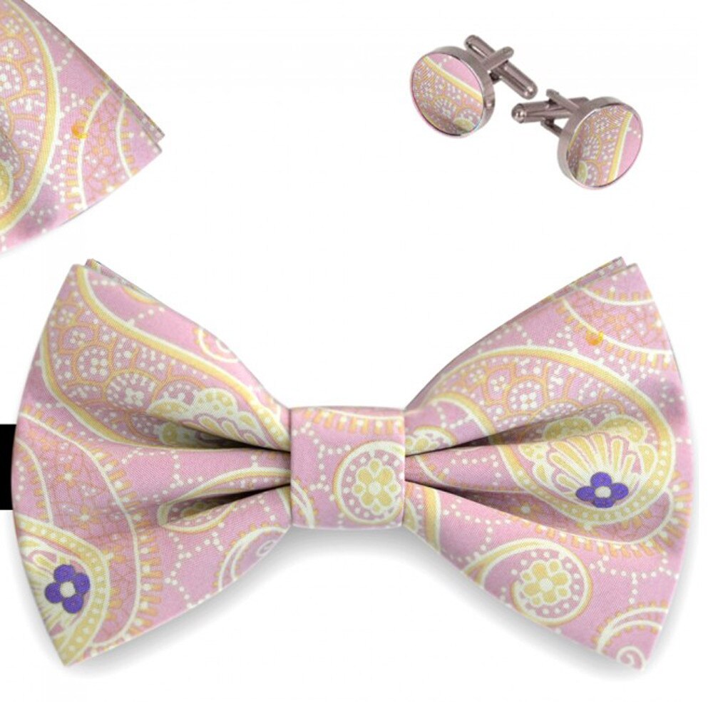 Set papion, batista, butoni, roz, model paisley