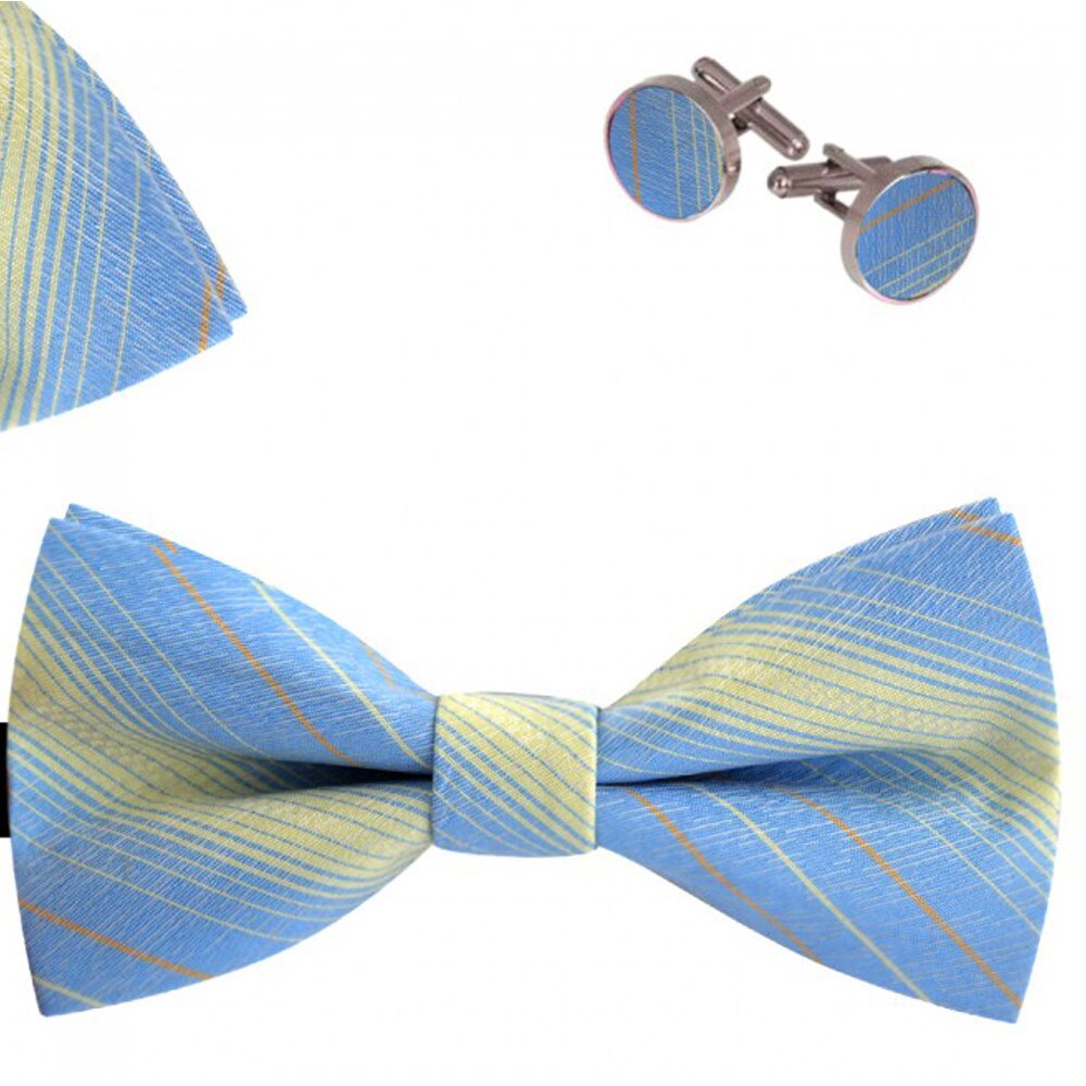 Set papion barbati, batista, butoni, albastru, model dungi delicate