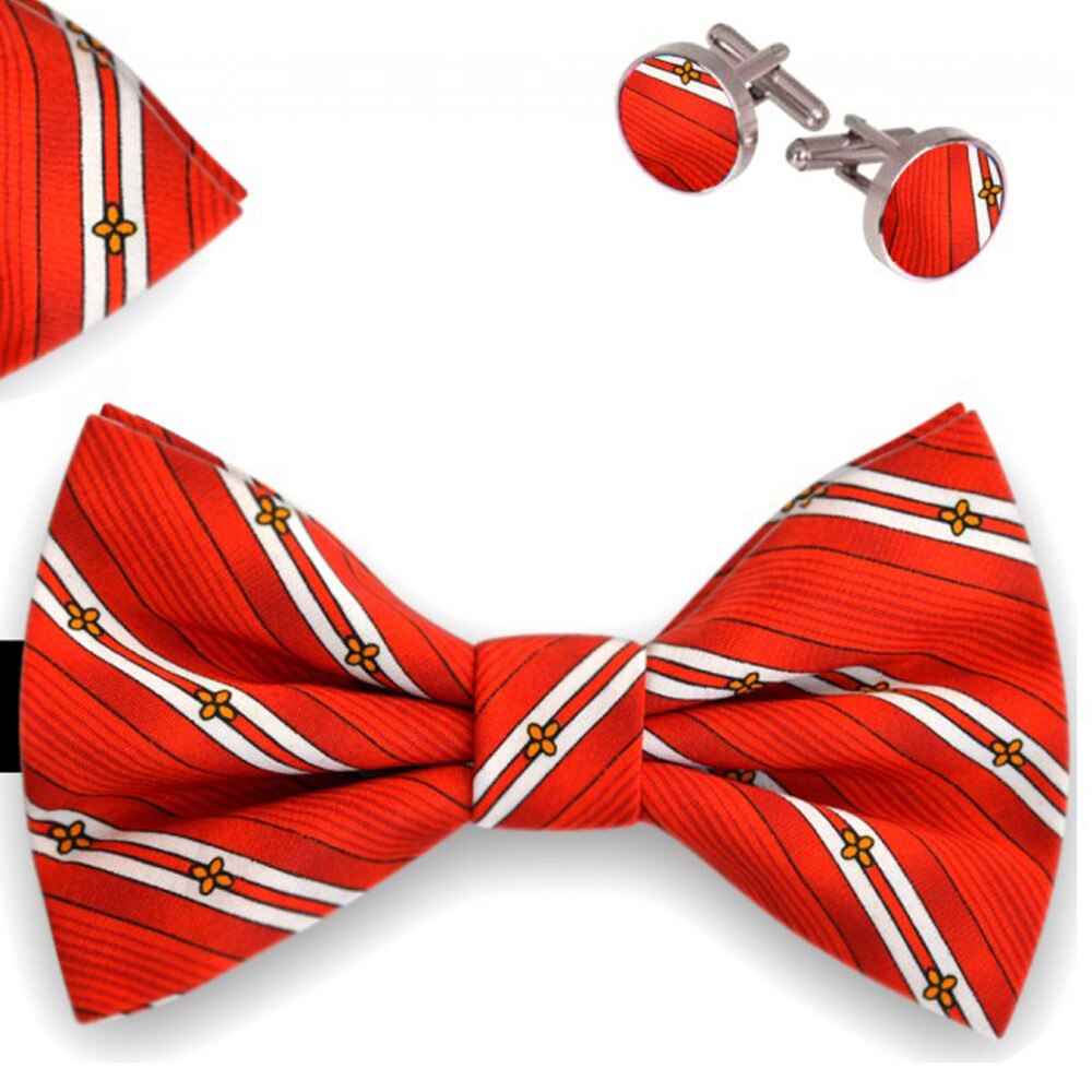 Set papion barbati, batista, butoni, rosu, model floral