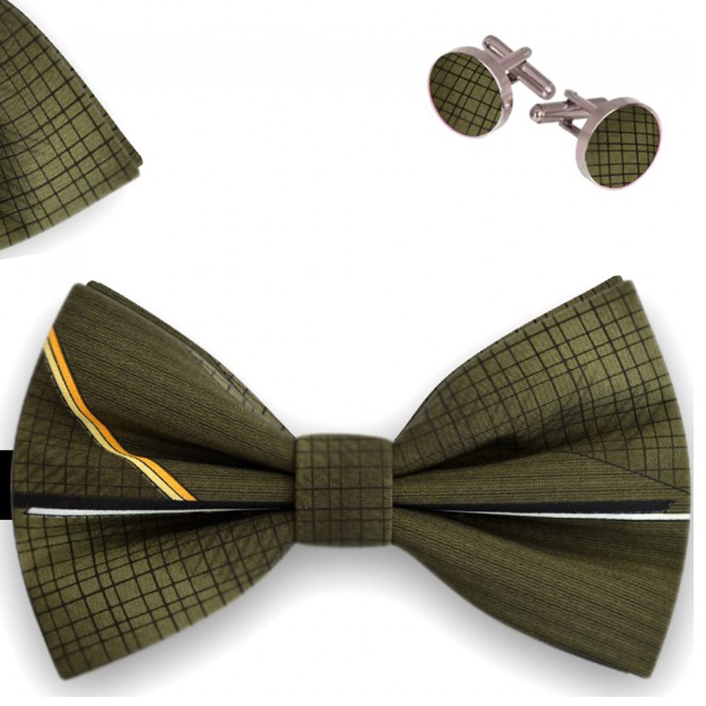 Set papion barbati, batista, butoni, verde, model Check, butterfly