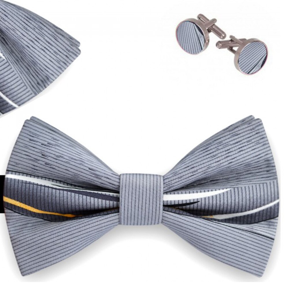 Set papion barbati, batista, butoni, gri, model frunze lungi palmier