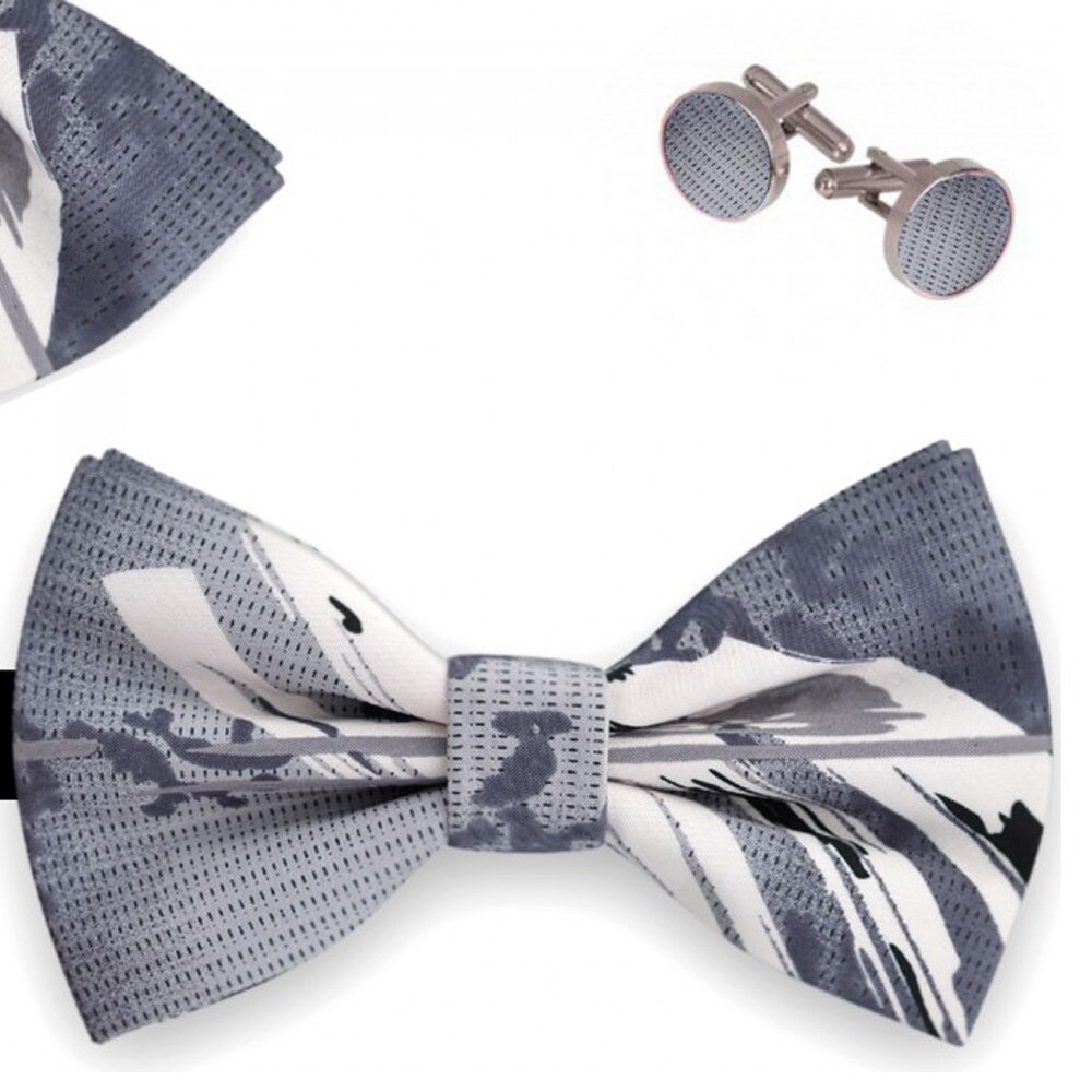 Set papion barbati, batista, butoni, gri metalic, model fantezist