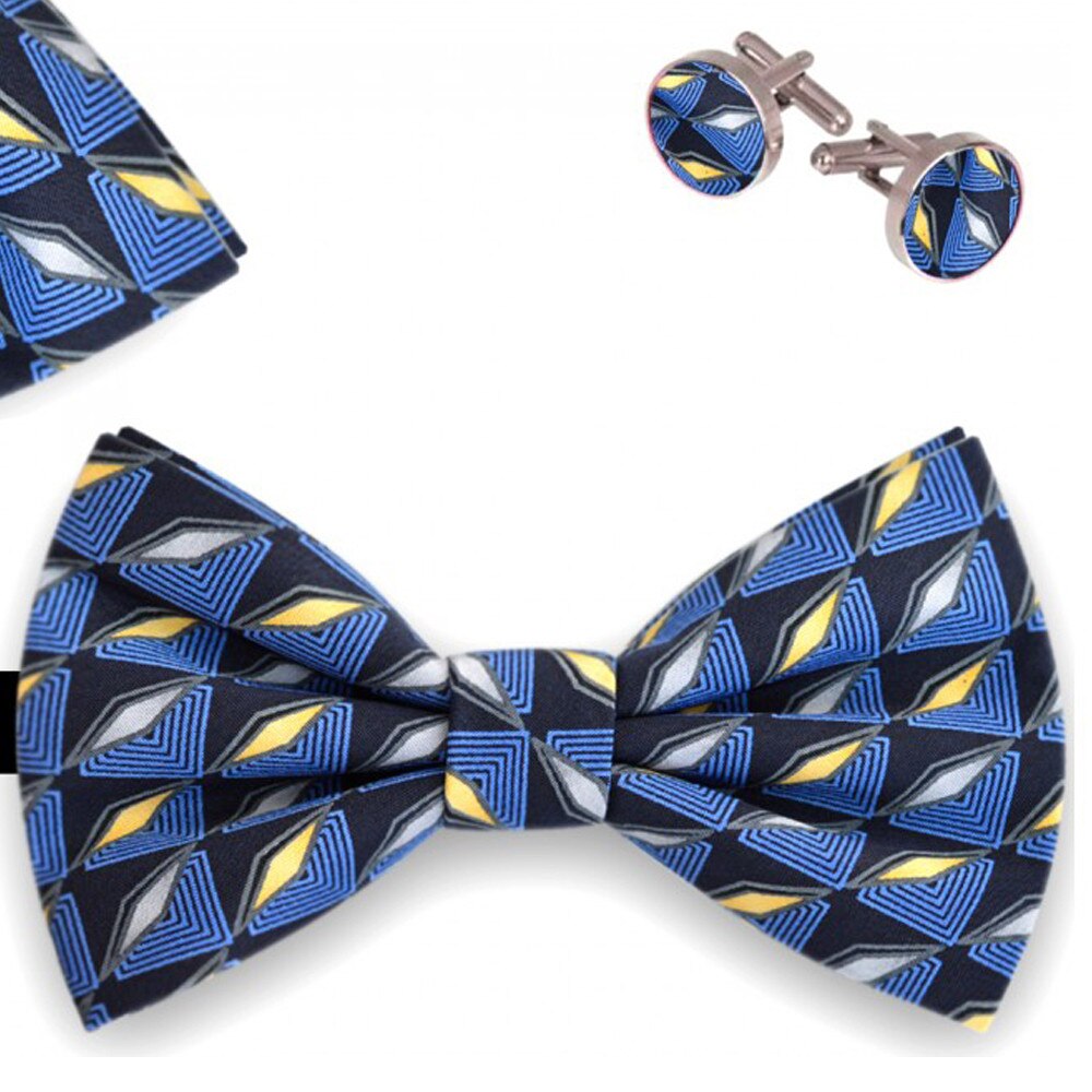 Set papion barbati, batista, butoni, albastru, model geometric