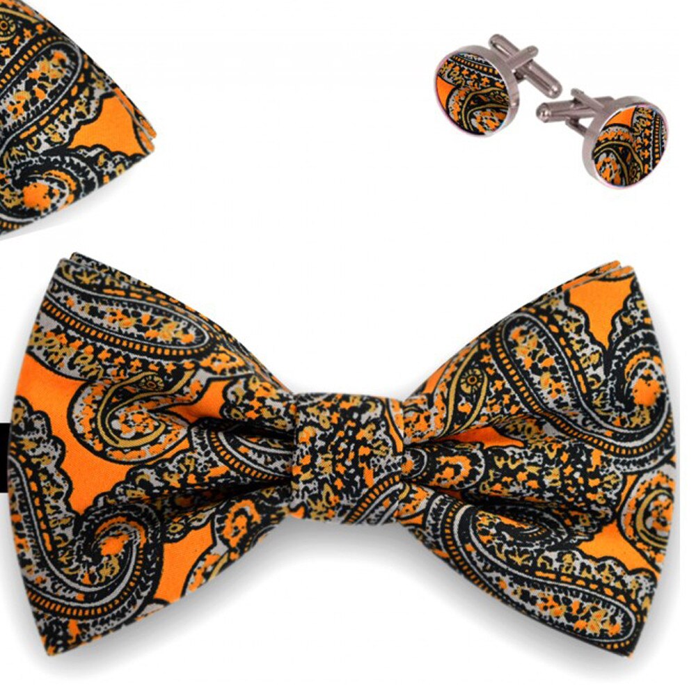 Set papion barbati, batista, butoni, portocaliu mandarina, model paisley