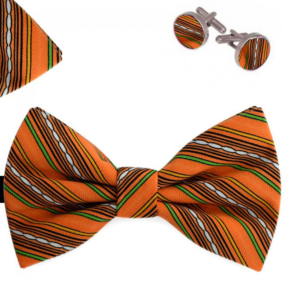 Set papion barbati, batista, butoni, portocaliu pal, model dungi delicate oblice