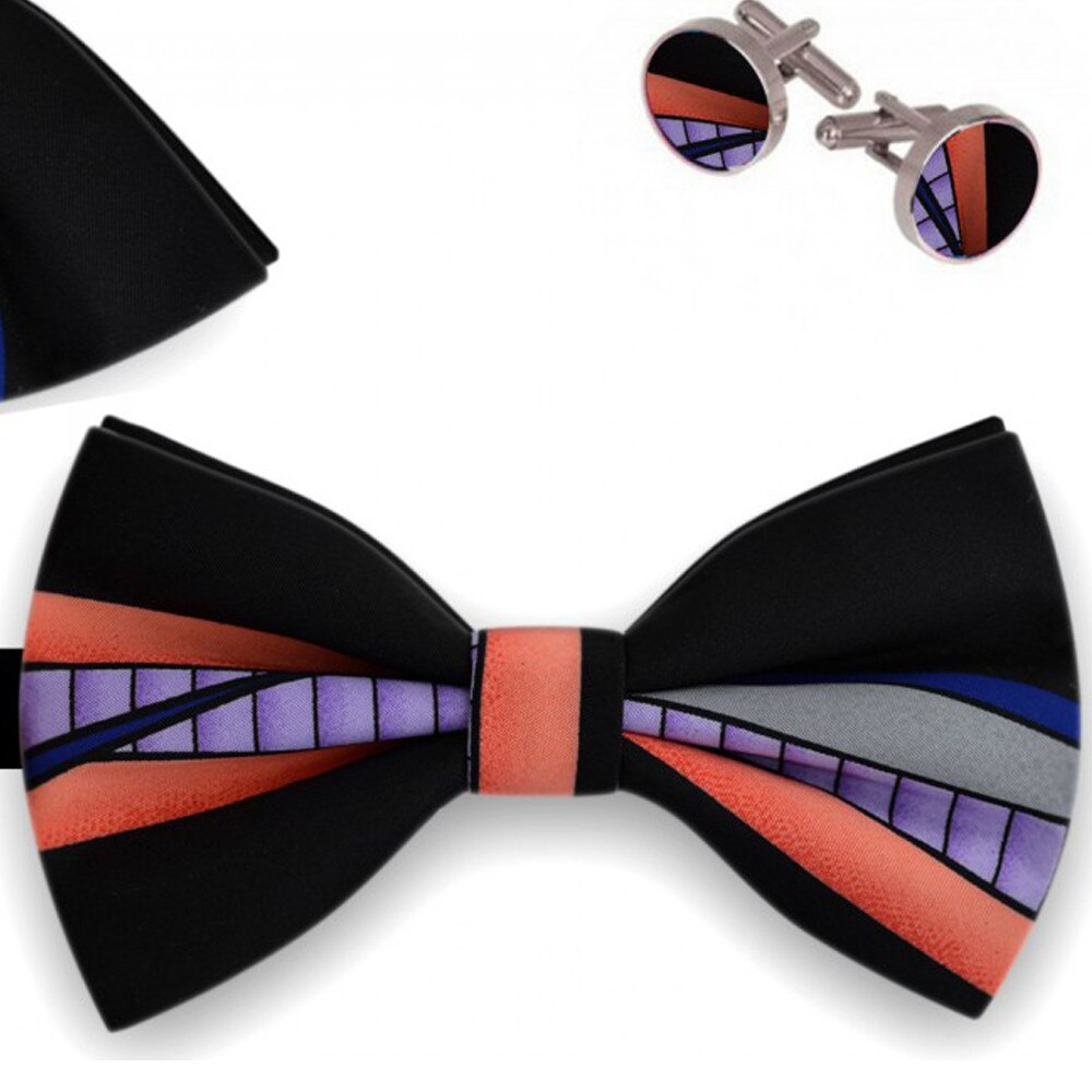 Set papion barbati, batista, butoni, negru, model caleidoscopic