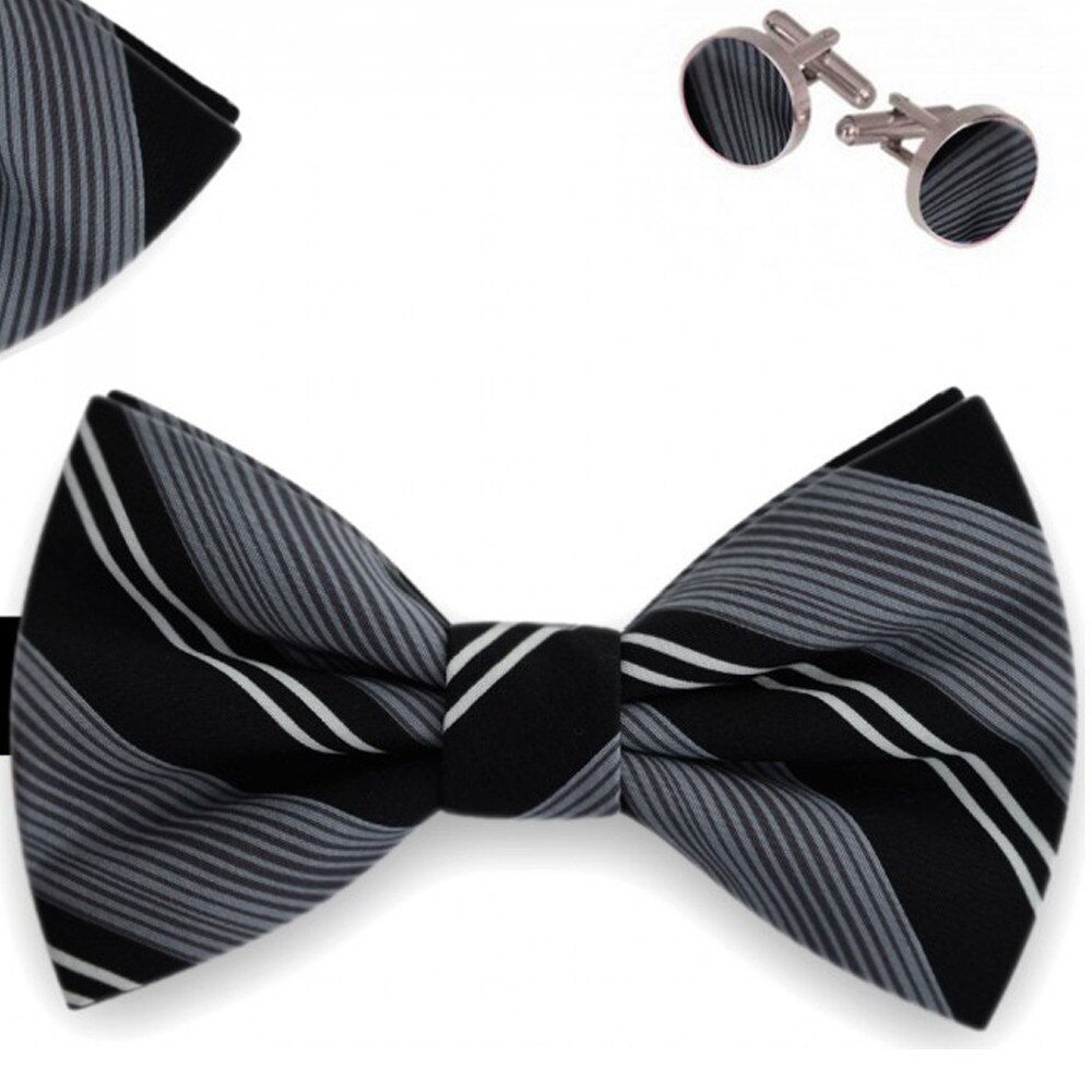 Set papion barbati, batista, butoni, negru, model dungi oblice