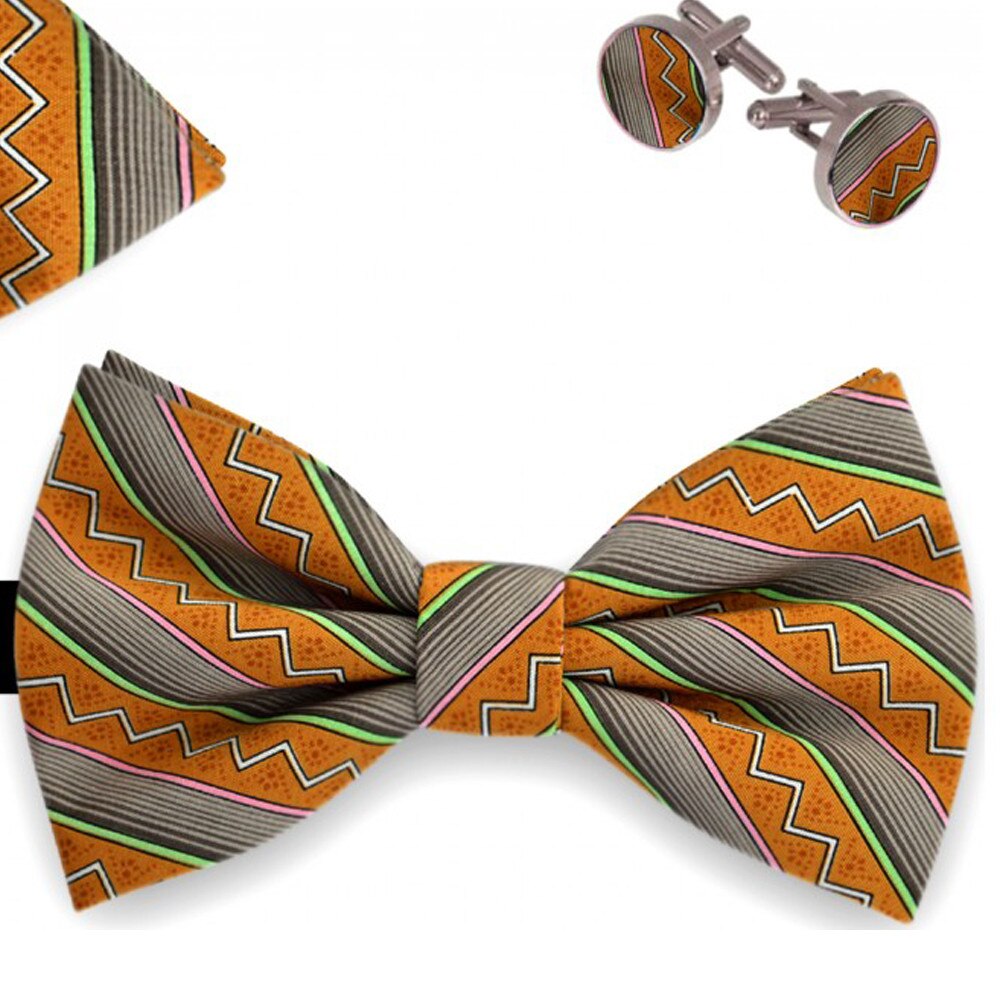 Set papion barbati, batista, butoni, galben mustar, model zig zag