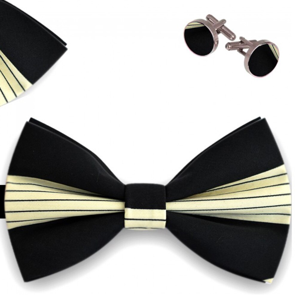 Set papion barbati, batista, butoni, negru - bej, model dungi orizontale