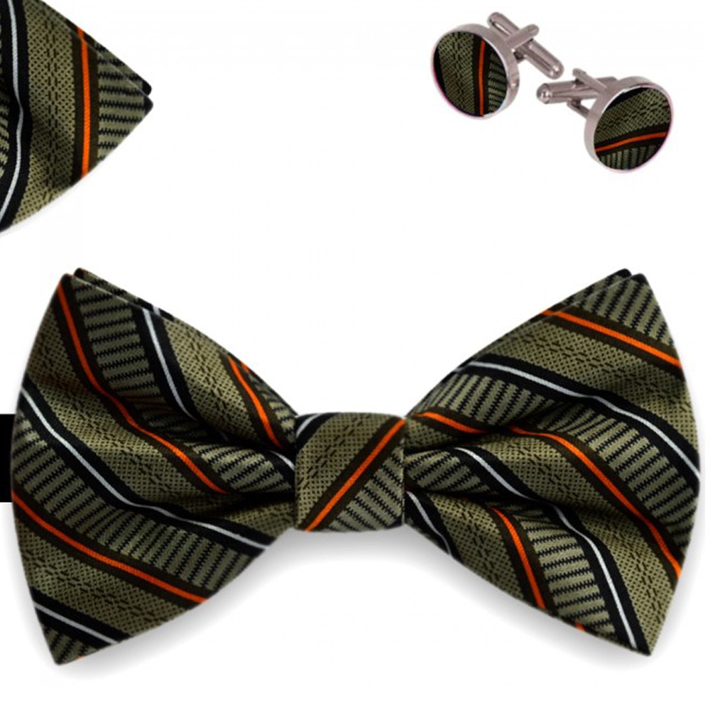 Set papion barbati, batista, butoni, verde metalizat, model linii curbate