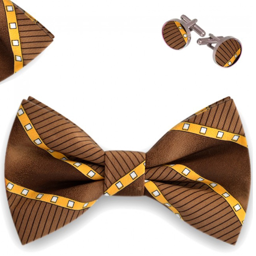 Set papion barbati, batista, butoni, maro aluna, model geometric