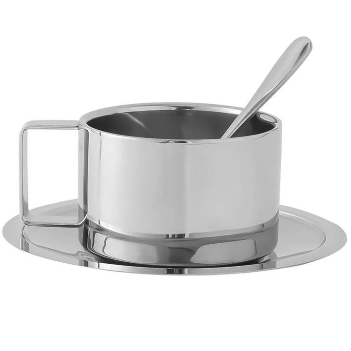Set cana cafea YANYXR inox 200ml argintiu 13.8x13.8x6cm cu lingura si farfurie