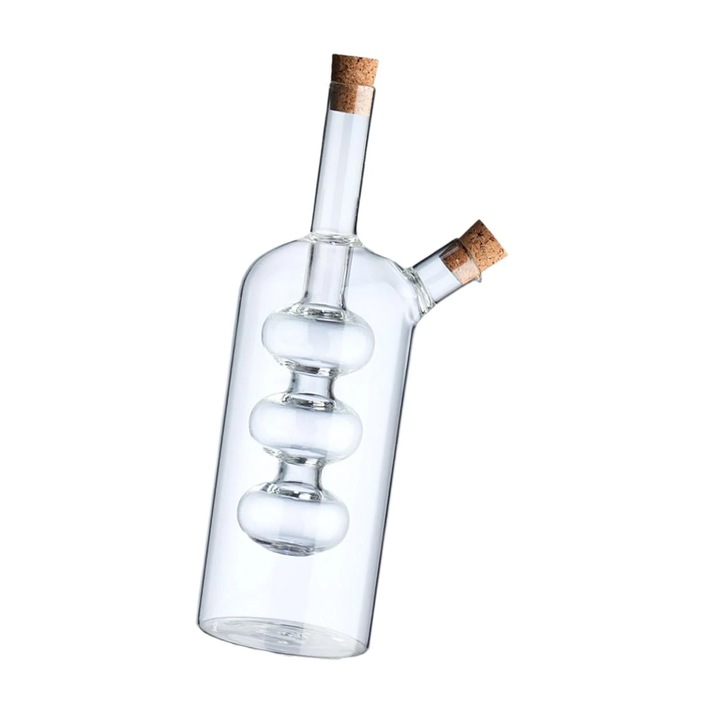Dispenser ulei din sticla, set 2 bucati, 70ml si 300ml, cu dopuri de pluta, transparent, pentru ulei de masline si sos de soia
