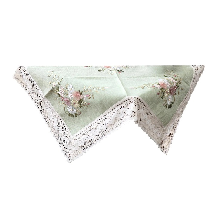 Fata de masa brodata YANYXR BCS3203804, din in cu broderie florala si margine dantela, verde deschis, 90 x 90 cm