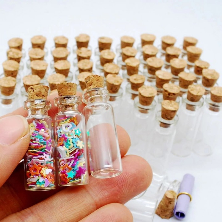 10 db átlátszó üvegpalack készlet, 1x2.8cm, 1ml, dugóval