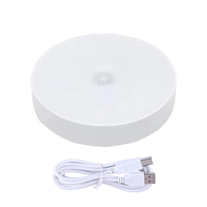 Veioza LED YANYXR rotunda, senzor miscare, incarcare USB, alb rece, 8.6cm