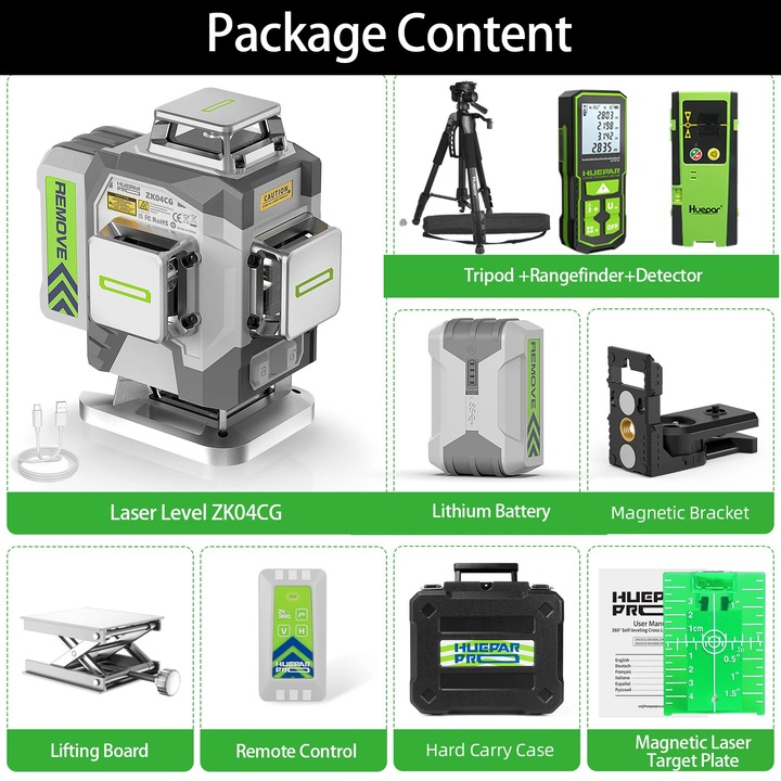 Nivela laser ZK04CG-L, precizie +/-2mm, acumulator 8000mAh, 24x26.8x11.5cm