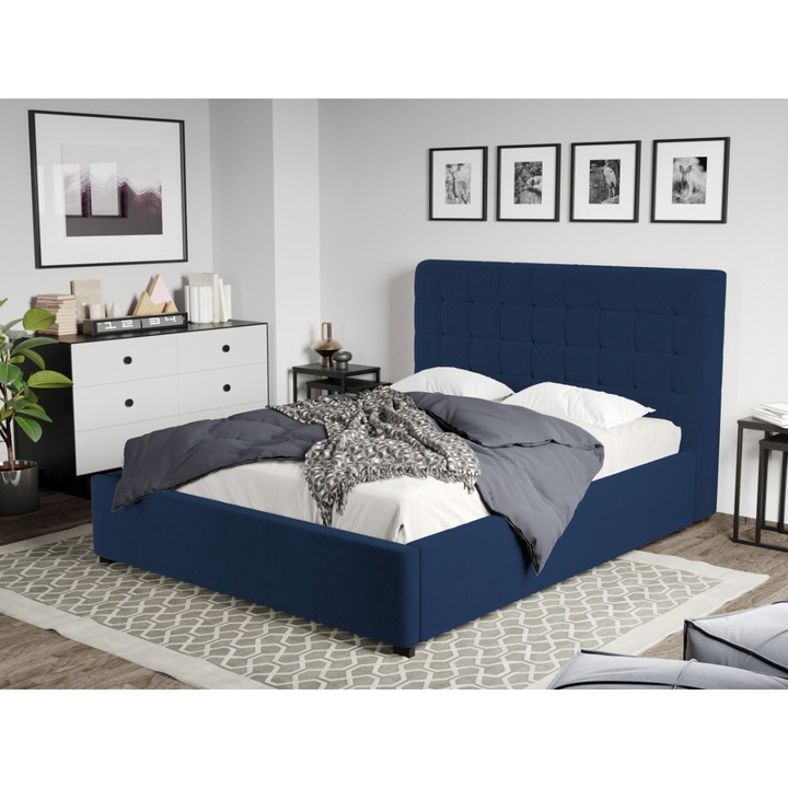 Pat Tapitat Rivo cu Somiera fixa, 140x200, Albastru inchis/Velluto 25