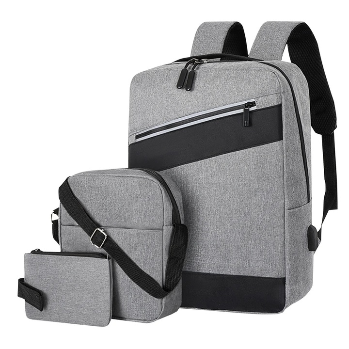 Rucsac laptop calatorie set 3 piese, gri, 41x30x13cm