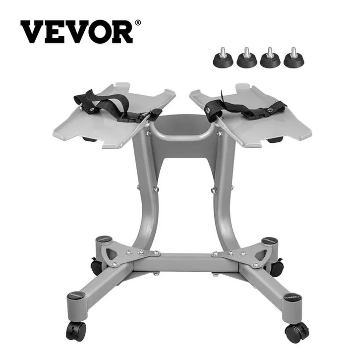 Suport pentru gantere Vevor, capacitate 100kg, design ergonomic, cu suport pentru prosop, 66x55x50cm, argintiu