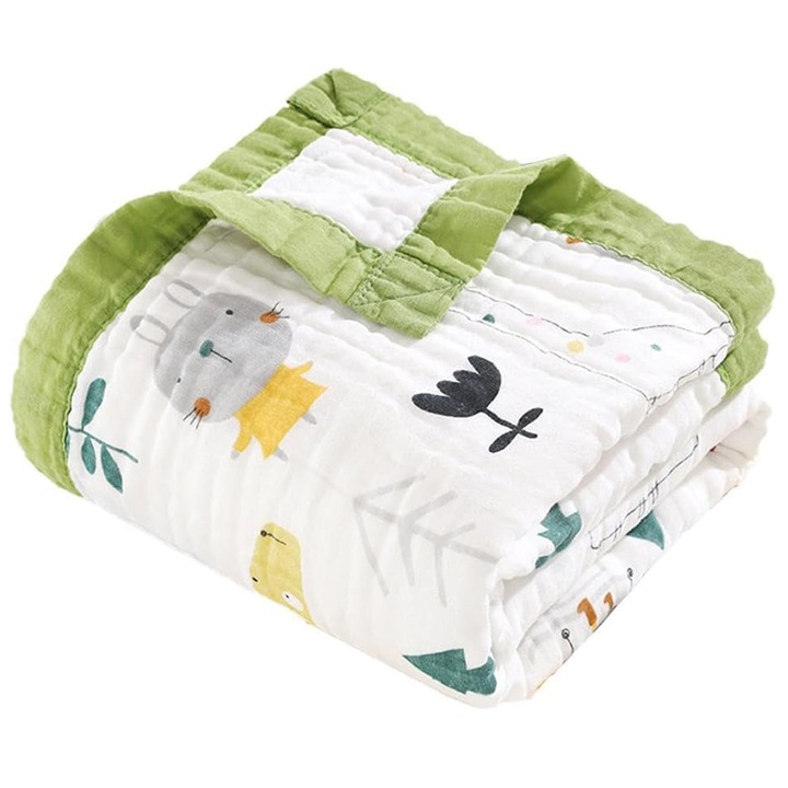 Paturica pentru Bebe, imprimeu animal, moale si respirabila, 0-6 ani, muselina de bumbac cu 6 straturi, 100% bumbac, LEIISVK, verde