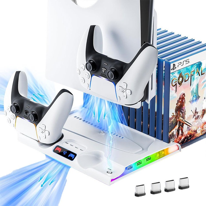 Suport de racire PS5 Slim, Garsonal®,3 porturi USB, iluminare RGB, compartiment pentru 8 discuri, Alb