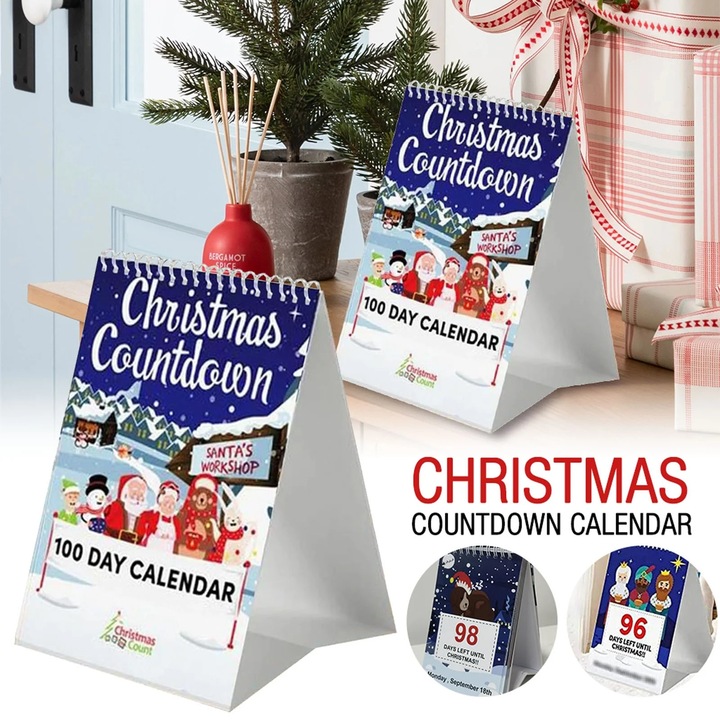 Calendar numaratoare inversa pentru Craciun 100 de zile YANYXR BCS3150942, calendar de masa din hartie cu pagini rabatabile si personaje festive, alb, 15 x 10 x 3 cm