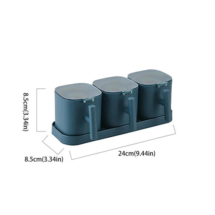 Set recipiente pentru condimente ZYBLSSBB, 3 borcanase din plastic cu lingurite si suport, capace pastel multicolor