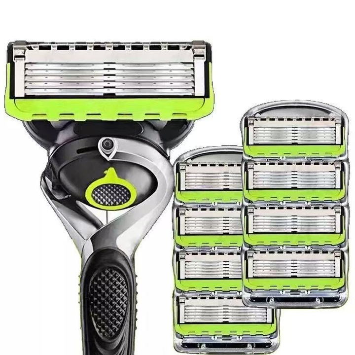 Set 8 Rezerve pentru aparate de ras, Set 8 lame de schimb 5 taisuri si aparat de ras manual verde, universal, inox, multicolor, compatibil cu Gillette，Potrivit pentru toate aparatele de ras cu cinci lameGeneral，verde