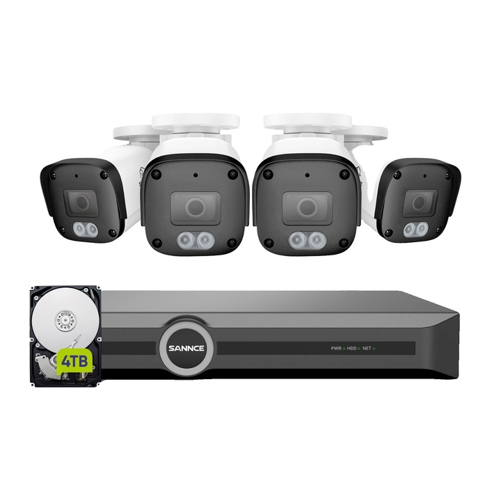 Комплект за видеонаблюдение Sannce, 4 камери, 5MP резолюция, откриване на хора и превозни средства, нощен режим от 30 метра, 4TB, черно/бяло