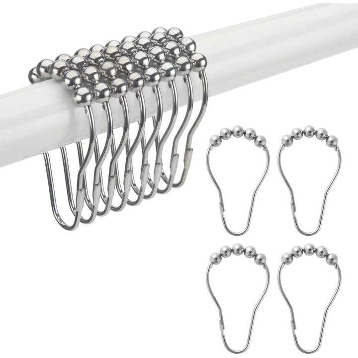 Carlige pentru perdea de dus ZYBLSSBB, metal rezistent la rugina cu bile rulante pentru alunecare usoara, argintiu, set 12