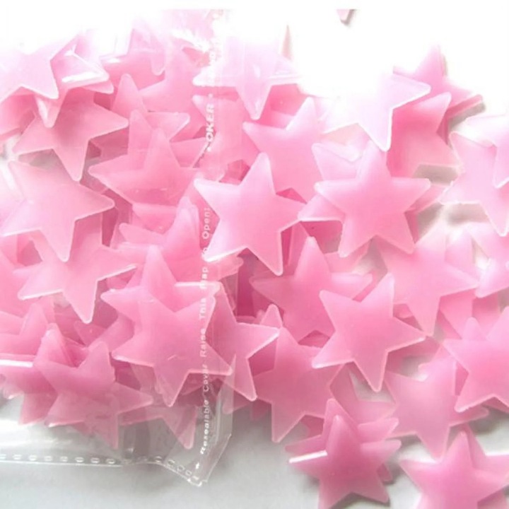 Autocolante fosforescente in forma de stea ZYBLSSBB, din plastic, roz, set 100 buc., 3 x 3 cm
